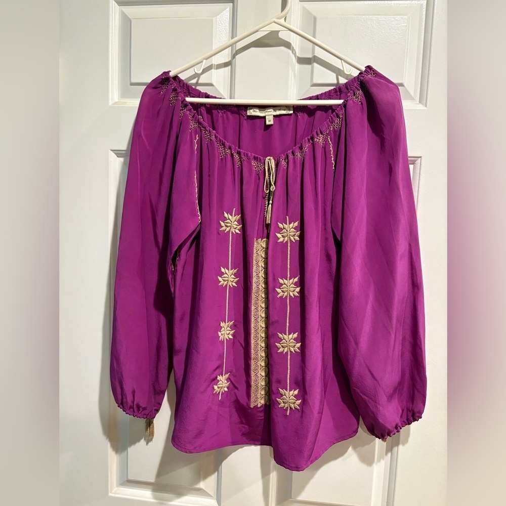 Anthropologie what comes around goes around silk peasant blouse shirt M fuchsia